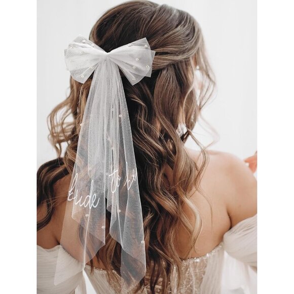 Bridal Hair Bow Veil Satin Pearl Clip for Weddings Bridal Shower Gift - Picture 3 of 9